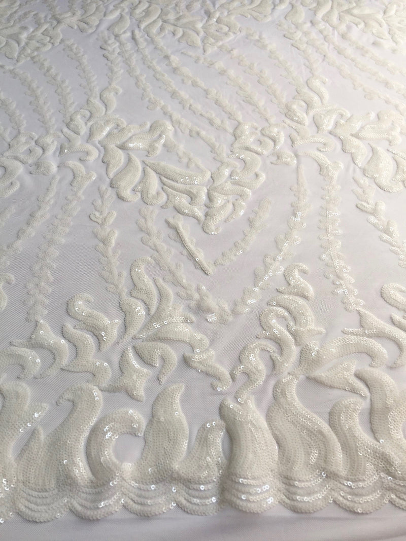 Miranda OFF WHITE Vines and Leaves Sequins on WHITE Mesh Lace Fabric by the Yard - 10061
