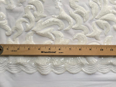 Miranda OFF WHITE Vines and Leaves Sequins on WHITE Mesh Lace Fabric by the Yard - 10061