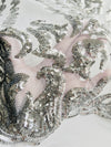 Miranda SILVER Vines and Leaves Sequins on WHITE Mesh Lace Fabric by the Yard - 10061