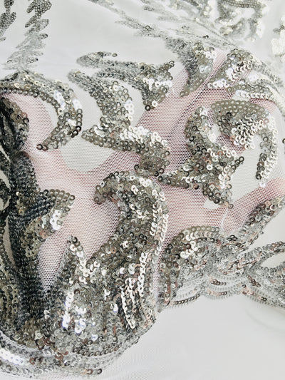 Miranda SILVER Vines and Leaves Sequins on WHITE Mesh Lace Fabric by the Yard - 10061