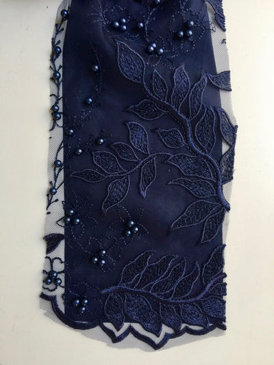 Veronica NAVY BLUE Faux Pearls Beaded Flowers and Leaves Lace Embroidery on Mesh Fabric by the Yard - 10100