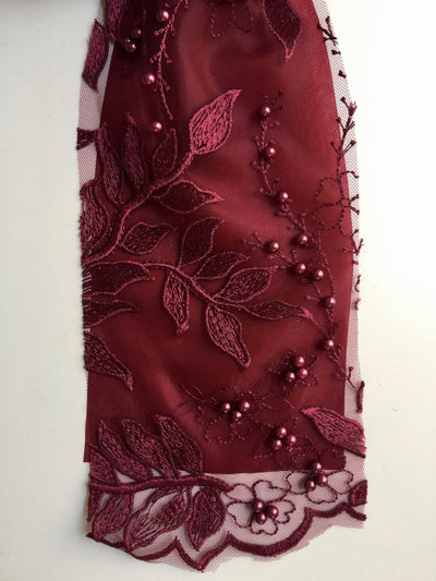Veronica BURGUNDY Faux Pearls Beaded Flowers and Leaves Lace Embroidery on Mesh Fabric by the Yard - 10100