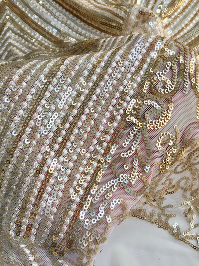 Averie CHAMPAGNE Geometric Butterfly Sequins on Mesh Lace Fabric by the Yard - 10113