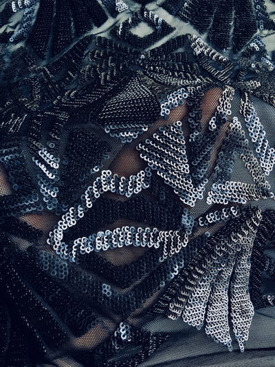 Gia MATTE NAVY Geometric Sequins on NAVY Mesh Lace Fabric by the Yard - 10101