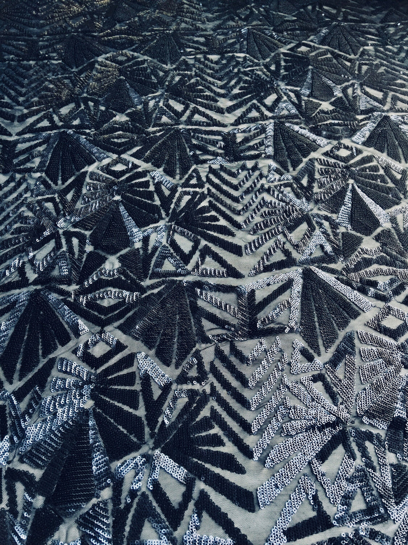 Gia MATTE NAVY Geometric Sequins on NAVY Mesh Lace Fabric by the Yard - 10101