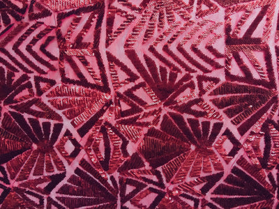 Gia BURGUNDY Geometric Sequins on Mesh Lace Fabric by the Yard - 10101