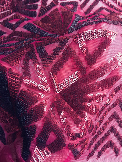 Gia BURGUNDY Geometric Sequins on Mesh Lace Fabric by the Yard - 10101