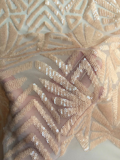 Gia LIGHT PEACH Geometric Sequins on Mesh Lace Fabric by the Yard - 10101
