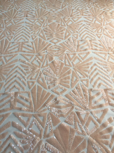 Gia LIGHT PEACH Geometric Sequins on Mesh Lace Fabric by the Yard - 10101