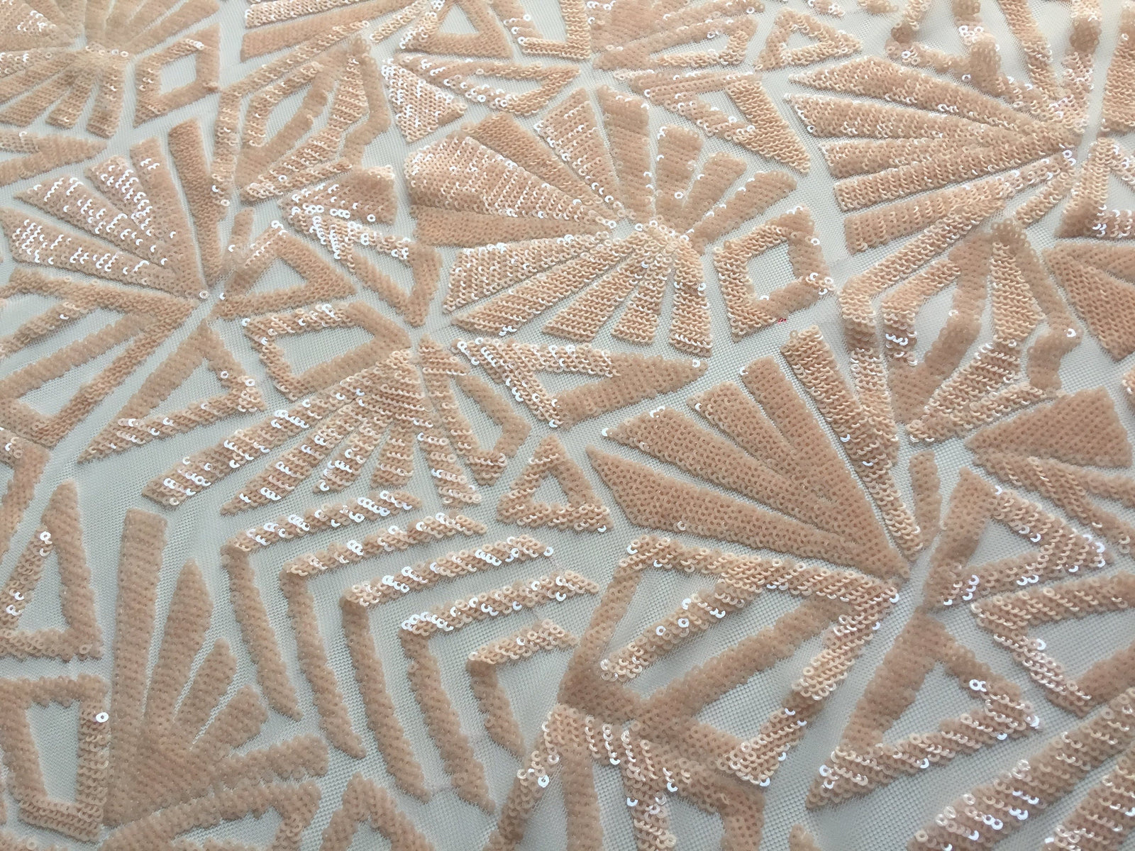 Gia LIGHT PEACH Geometric Sequins on Mesh Lace Fabric by the Yard - 10101