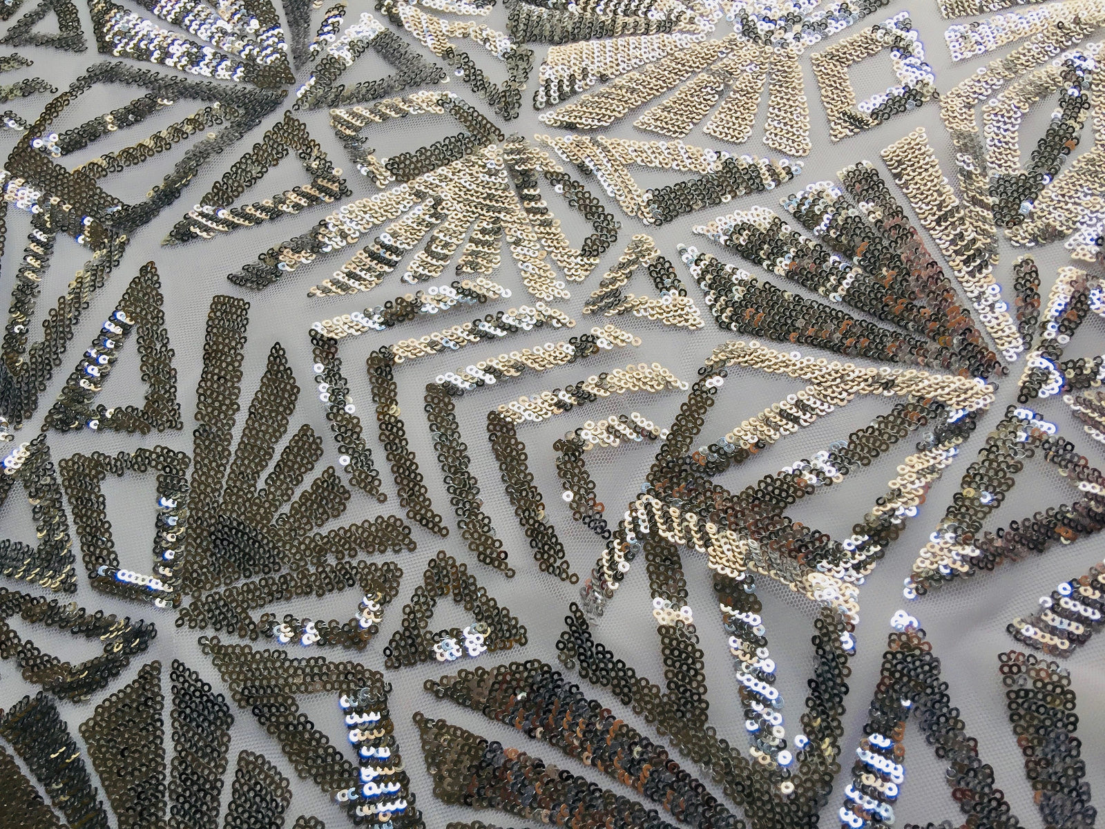 Gia SILVER Geometric Sequins on Mesh Lace Fabric by the Yard - 10101