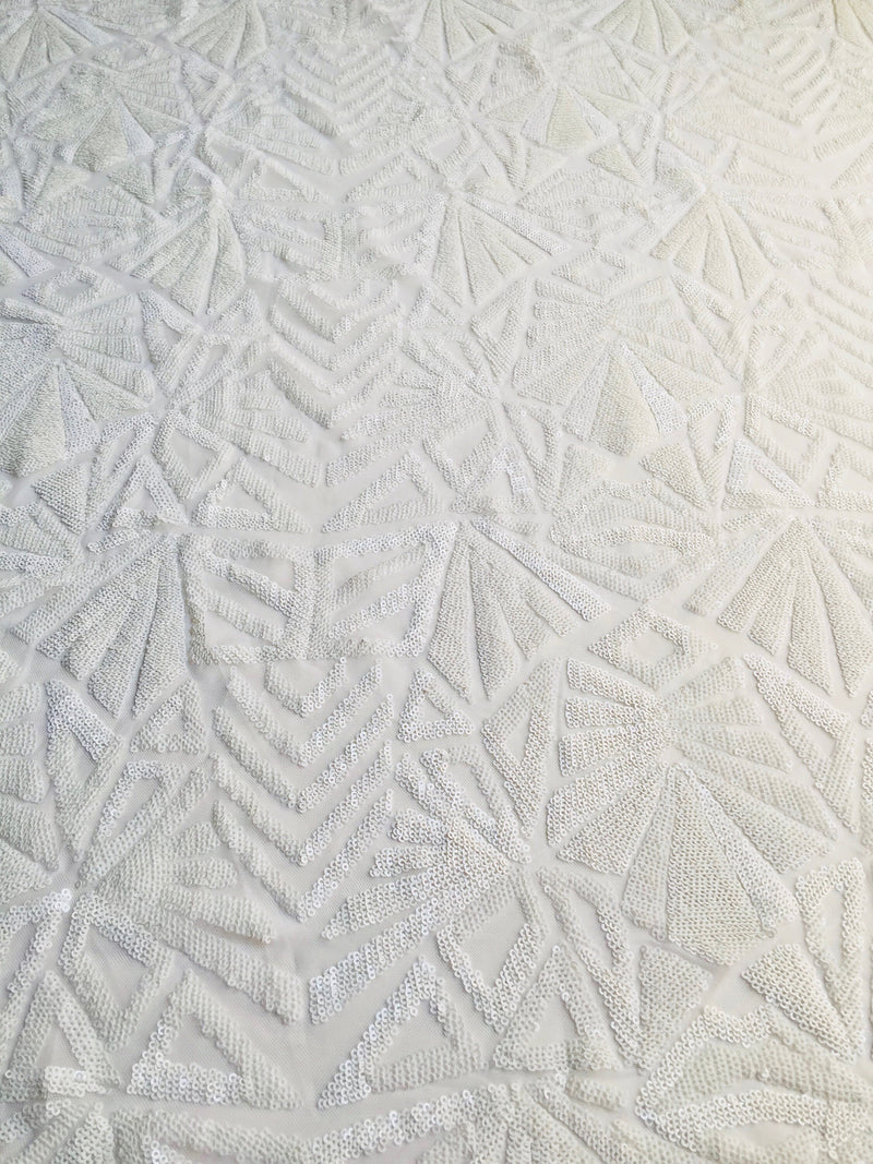Gia WHITE Geometric Sequins on Mesh Lace Fabric by the Yard - 10101