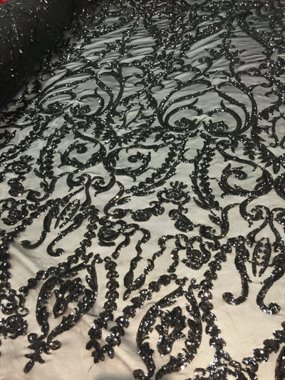 Esmeralda BLACK Sequins on Mesh Lace Fabric by the Yard - 10102