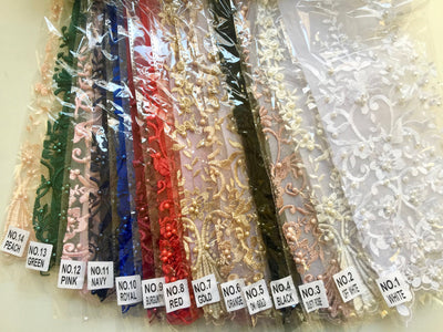 Daphne ROYAL BLUE Faux Pearls Beaded Flowers and Vines Lace Embroidery on Mesh Fabric by the Yard - 10103