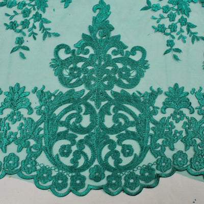 Teagan TEAL GREEN Damask Design Embroidered on Mesh Lace Fabric by the Yard - 10027
