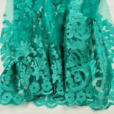 Teagan TEAL GREEN Damask Design Embroidered on Mesh Lace Fabric by the Yard - 10027