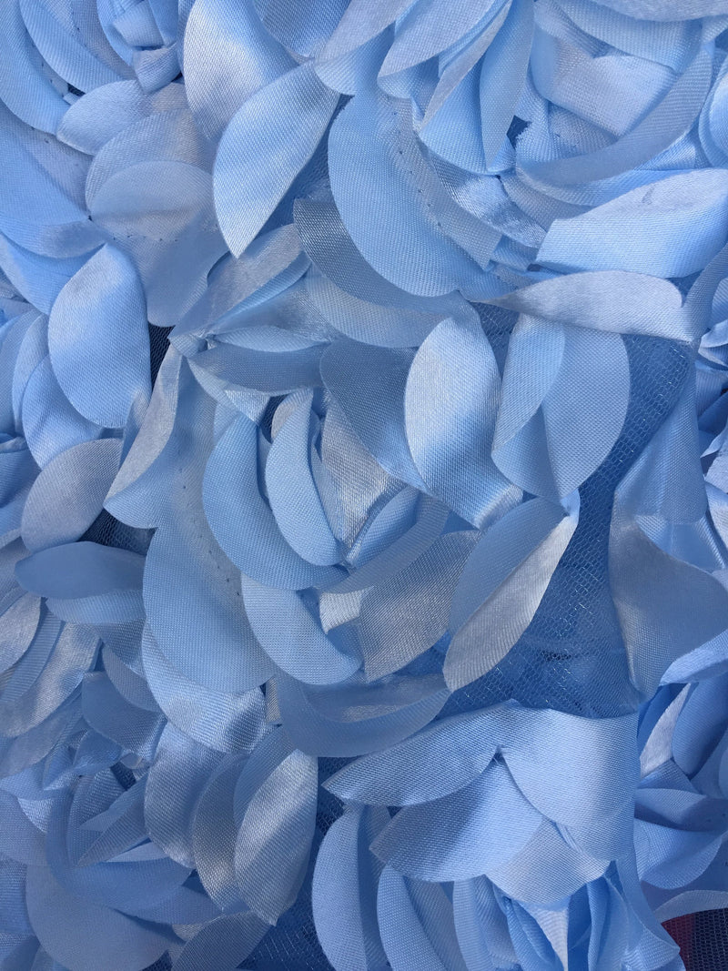 Maci LIGHT BLUE 3D Floral Polyester Satin Rosette on Mesh Fabric by the Yard - 10057