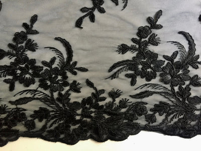 Callie BLACK Polyester Floral Corsage Embroidery on Mesh Lace Fabric by the Yard - 10025