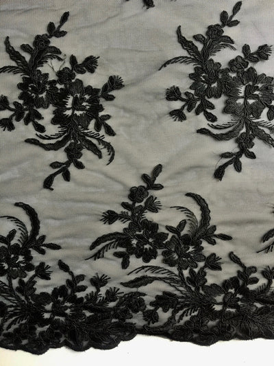 Callie BLACK Polyester Floral Corsage Embroidery on Mesh Lace Fabric by the Yard - 10025