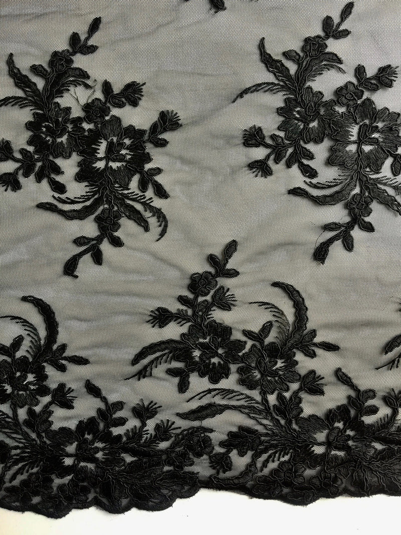 Callie BLACK Polyester Floral Corsage Embroidery on Mesh Lace Fabric by the Yard - 10025