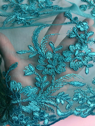 Callie TEAL Polyester Floral Corsage Embroidery on Mesh Lace Fabric by the Yard - 10025