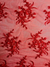 Callie RED Polyester Floral Corsage Embroidery on Mesh Lace Fabric by the Yard - 10025
