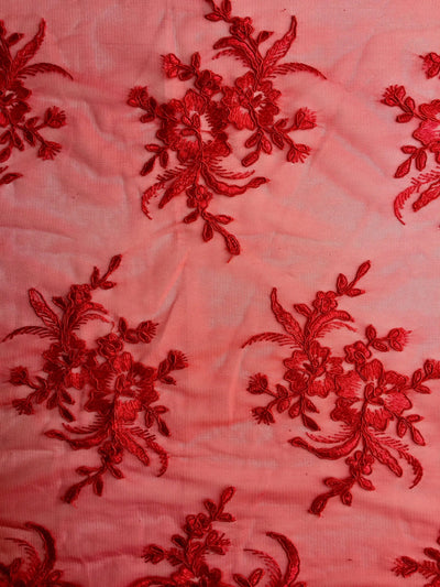 Callie RED Polyester Floral Corsage Embroidery on Mesh Lace Fabric by the Yard - 10025