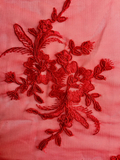 Callie RED Polyester Floral Corsage Embroidery on Mesh Lace Fabric by the Yard - 10025