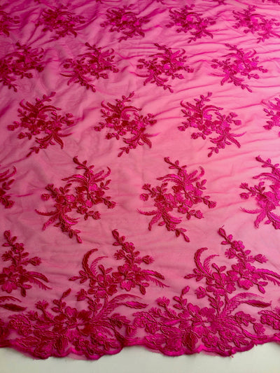 Callie HOT PINK Polyester Floral Corsage Embroidery on Mesh Lace Fabric by the Yard - 10025