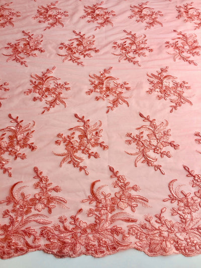 Callie CORAL Polyester Floral Corsage Embroidery on Mesh Lace Fabric by the Yard - 10025