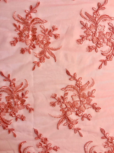 Callie CORAL Polyester Floral Corsage Embroidery on Mesh Lace Fabric by the Yard - 10025