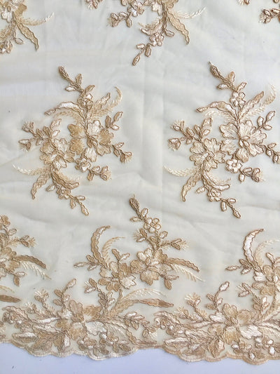 Callie GOLD Polyester Floral Corsage Embroidery on Mesh Lace Fabric by the Yard - 10025