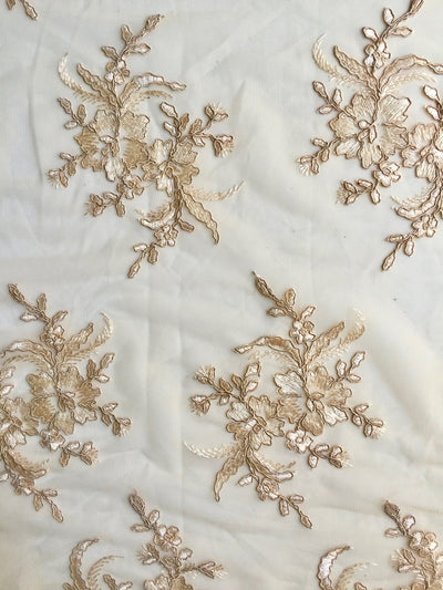 Callie GOLD Polyester Floral Corsage Embroidery on Mesh Lace Fabric by the Yard - 10025