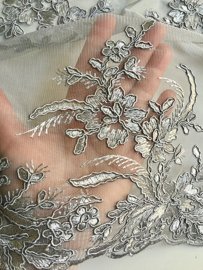 Callie GREY Polyester Floral Corsage Embroidery on Mesh Lace Fabric by the Yard - 10025