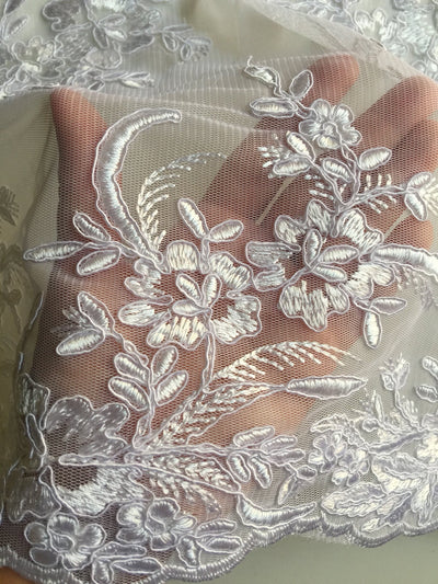 Callie WHITE Polyester Floral Corsage Embroidery on Mesh Lace Fabric by the Yard - 10025