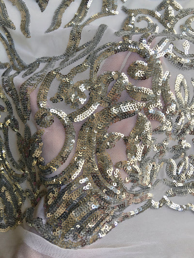 Phoebe SILVER Sequins on WHITE Mesh Lace Fabric by the Yard - 10062