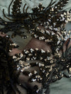Erin BLACK Flowers and Leaves Sequins on Mesh Lace Fabric by the Yard - 10063