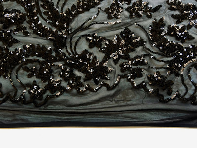 Erin BLACK Flowers and Leaves Sequins on Mesh Lace Fabric by the Yard - 10063
