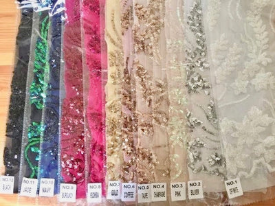 Erin HOT PINK Flowers and Leaves Sequins on Mesh Lace Fabric by the Yard - 10063