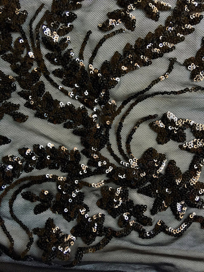Erin BLACK Flowers and Leaves Sequins on Mesh Lace Fabric by the Yard - 10063