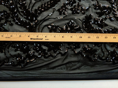 Erin BLACK Flowers and Leaves Sequins on Mesh Lace Fabric by the Yard - 10063