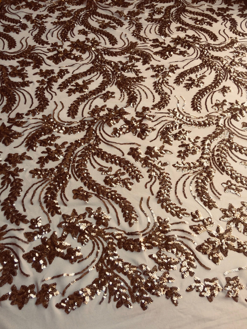 Erin BRONZE Flowers and Leaves Sequins on Mesh Lace Fabric by the Yard - 10063