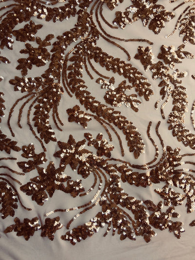 Erin BRONZE Flowers and Leaves Sequins on Mesh Lace Fabric by the Yard - 10063
