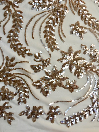 Erin CHAMPAGNE Flowers and Leaves Sequins on Mesh Lace Fabric by the Yard - 10063
