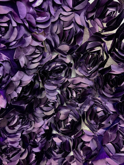 Maci PLUM 3D Floral Polyester Satin Rosette on Mesh Fabric by the Yard - 10057