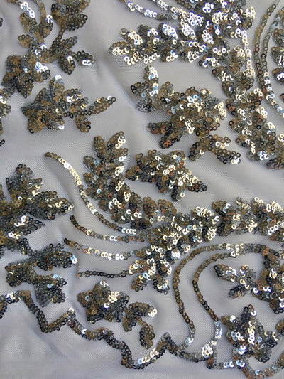 Erin SILVER Flowers and Leaves Sequins on Mesh Lace Fabric by the Yard - 10063