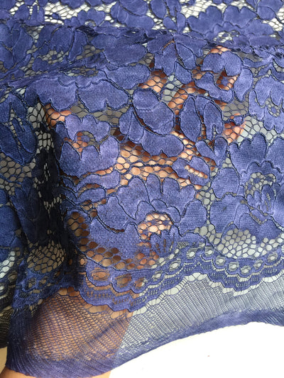Summer ROYAL BLUE Floral Pattern Double Dyed Flat Lace on Mesh Fabric by the Yard - Style 10069