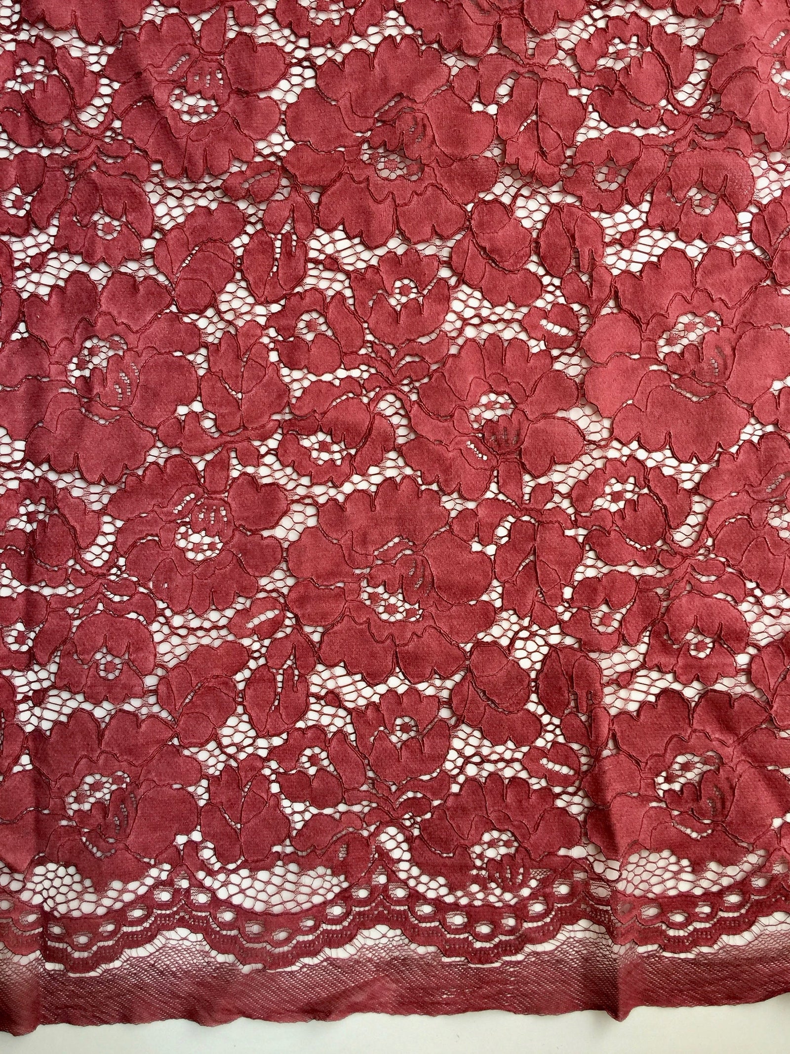 Summer BURGUNDY Floral Pattern Double Dyed Flat Lace on Mesh Fabric by the Yard - Style 10069