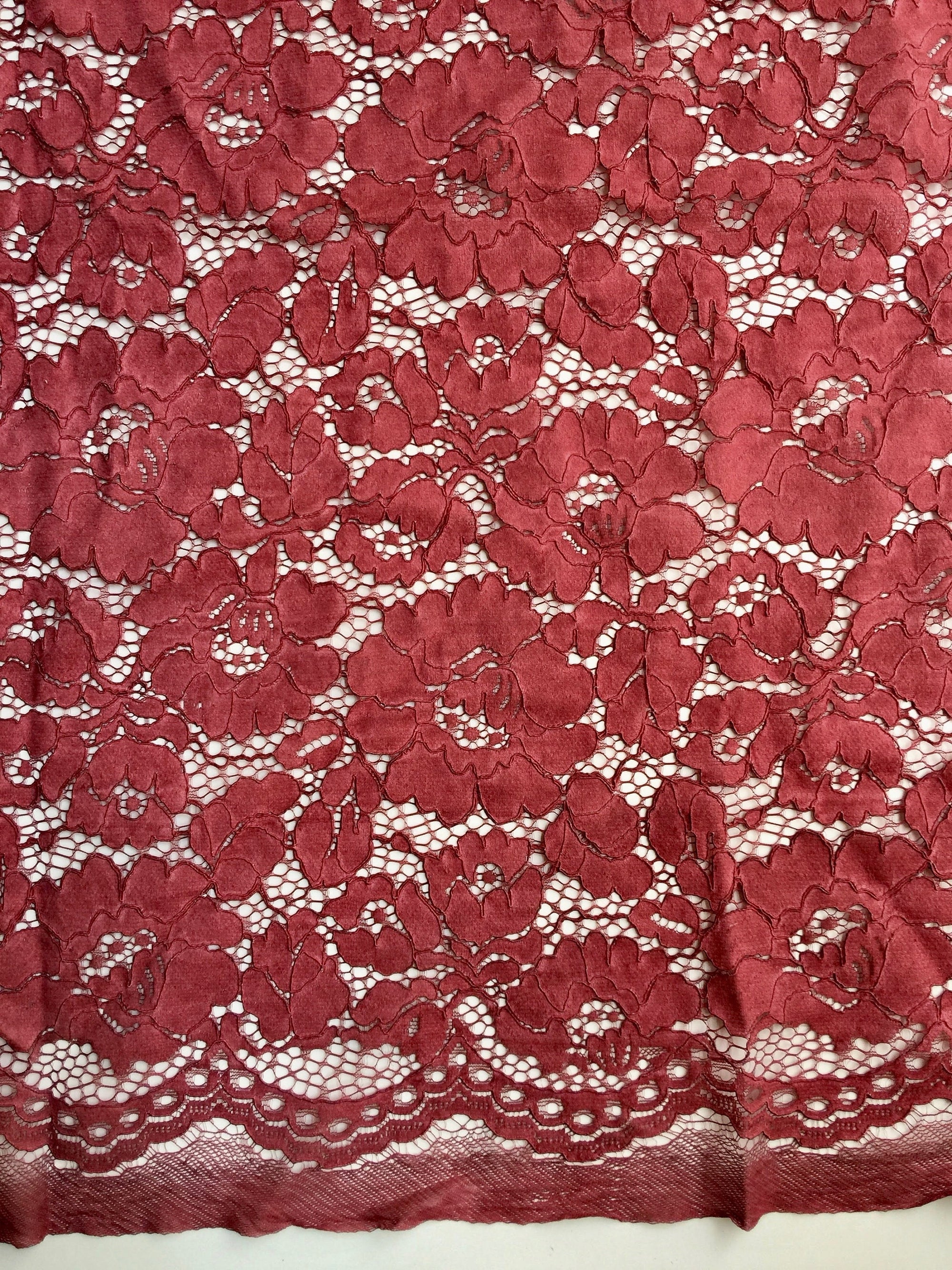 Summer BURGUNDY Floral Pattern Double Dyed Flat Lace on Mesh Fabric by the Yard - Style 10069