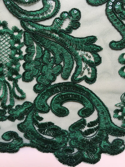 Vivian HUNTER GREEN Polyester Embroidery with Sequins on Mesh Lace Fabric by the Yard for Gown, Wedding, Bridesmaid, Prom - 10003